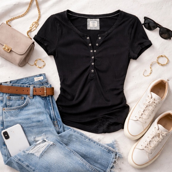 H&M Tops - H&M L.O.G.G. Black Ribbed Short Sleeve Henley Tee – Size L